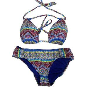 La Blanca Boho Tribal Print Halter Bikini Set High Waist Bottoms Swimsuit Size M